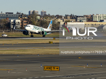 Frontier Airlines Airbus A320neo passenger aircraft spotted on final approach flying, landing and taxiing on the runway and taxiway of LaGua...