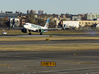 Frontier Airlines Airbus A320neo passenger aircraft spotted on final approach flying, landing and taxiing on the runway and taxiway of LaGua...