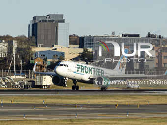 Frontier Airlines Airbus A320neo passenger aircraft spotted on final approach flying, landing and taxiing on the runway and taxiway of LaGua...