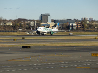 Frontier Airlines Airbus A320neo passenger aircraft spotted on final approach flying, landing and taxiing on the runway and taxiway of LaGua...