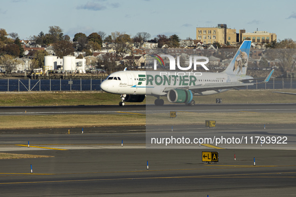 Frontier Airlines Airbus A320neo passenger aircraft spotted on final approach flying, landing and taxiing on the runway and taxiway of LaGua...