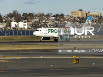 Frontier Airlines Airbus A320neo passenger aircraft spotted on final approach flying, landing and taxiing on the runway and taxiway of LaGua...