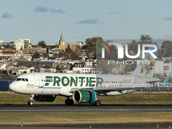 Frontier Airlines Airbus A320neo passenger aircraft spotted on final approach flying, landing and taxiing on the runway and taxiway of LaGua...