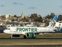 Frontier Airlines Airbus A320neo passenger aircraft spotted on final approach flying, landing and taxiing on the runway and taxiway of LaGua...