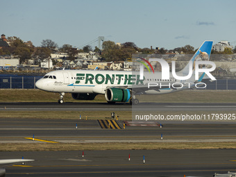 Frontier Airlines Airbus A320neo passenger aircraft spotted on final approach flying, landing and taxiing on the runway and taxiway of LaGua...