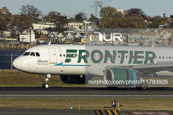 Frontier Airlines Airbus A320neo passenger aircraft spotted on final approach flying, landing and taxiing on the runway and taxiway of LaGua...