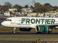 Frontier Airlines Airbus A320neo passenger aircraft spotted on final approach flying, landing and taxiing on the runway and taxiway of LaGua...