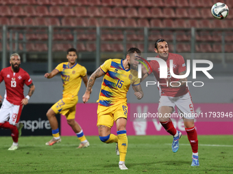 Moises San Nicolas of Andorra competes for the ball with Kurt Shaw of Malta during the UEFA Nations League, League D, Group D2 soccer match...