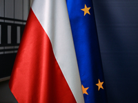 WARSAW, POLAND - NOVEMBER 19:   
European Union and Polish Flags Displayed During Sikorski's Press Briefing on EU Big Five and UK Talks, on...