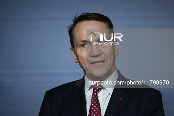 WARSAW, POLAND - NOVEMBER 19:   
Radoslaw Sikorski, Poland's Minister of Foreign Affairs, addresses a press briefing to present conclusions...