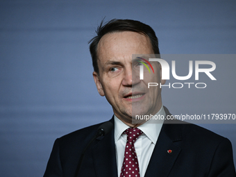 WARSAW, POLAND - NOVEMBER 19:   
Radoslaw Sikorski, Poland's Minister of Foreign Affairs, addresses a press briefing to present conclusions...