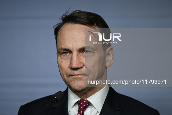 WARSAW, POLAND - NOVEMBER 19:   
Radoslaw Sikorski, Poland's Minister of Foreign Affairs, addresses a press briefing to present conclusions...