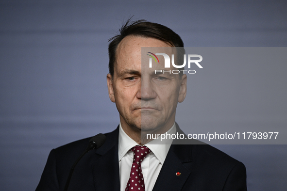 WARSAW, POLAND - NOVEMBER 19:   
Radoslaw Sikorski, Poland's Minister of Foreign Affairs, addresses a press briefing to present conclusions...