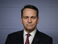 WARSAW, POLAND - NOVEMBER 19:   
Radoslaw Sikorski, Poland's Minister of Foreign Affairs, addresses a press briefing to present conclusions...