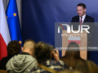 WARSAW, POLAND - NOVEMBER 19:   
Radoslaw Sikorski, Poland's Minister of Foreign Affairs, addresses a press briefing to present conclusions...