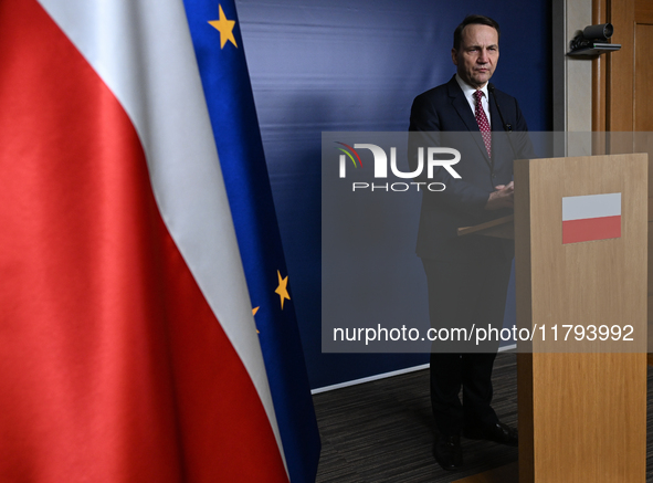 WARSAW, POLAND - NOVEMBER 19:   
Radoslaw Sikorski, Poland's Minister of Foreign Affairs, addresses a press briefing to present conclusions...