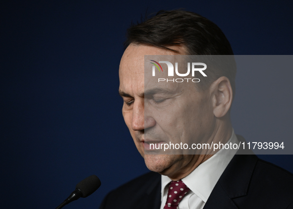 WARSAW, POLAND - NOVEMBER 19:   
Radoslaw Sikorski, Poland's Minister of Foreign Affairs, addresses a press briefing to present conclusions...