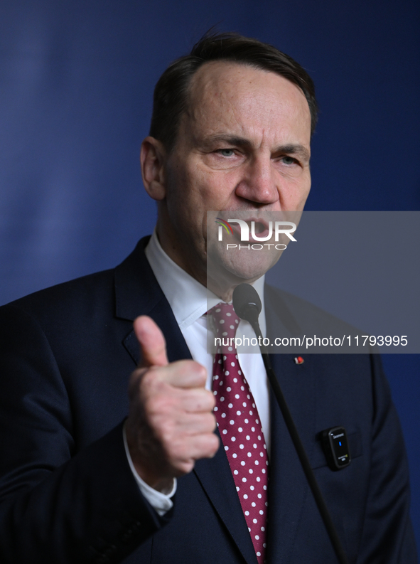 WARSAW, POLAND - NOVEMBER 19:   
Radoslaw Sikorski, Poland's Minister of Foreign Affairs, addresses a press briefing to present conclusions...