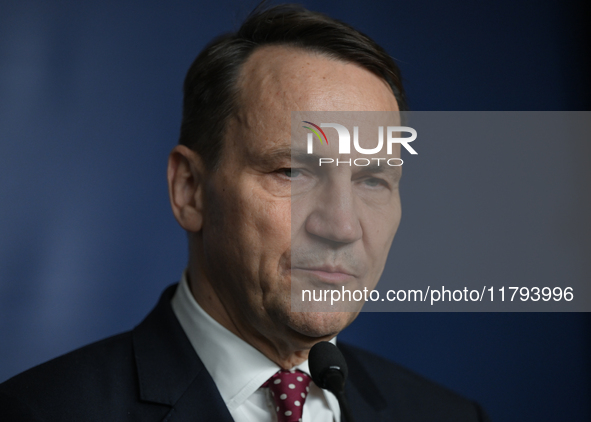 WARSAW, POLAND - NOVEMBER 19:   
Radoslaw Sikorski, Poland's Minister of Foreign Affairs, addresses a press briefing to present conclusions...