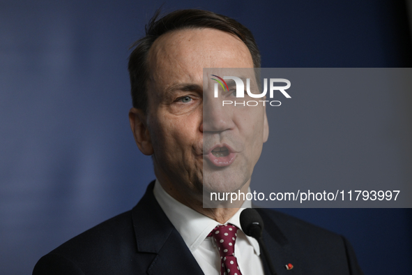 WARSAW, POLAND - NOVEMBER 19:   
Radoslaw Sikorski, Poland's Minister of Foreign Affairs, addresses a press briefing to present conclusions...