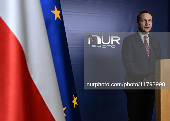 WARSAW, POLAND - NOVEMBER 19:   
Radoslaw Sikorski, Poland's Minister of Foreign Affairs, addresses a press briefing to present conclusions...