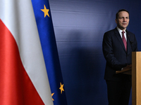 WARSAW, POLAND - NOVEMBER 19:   
Radoslaw Sikorski, Poland's Minister of Foreign Affairs, addresses a press briefing to present conclusions...