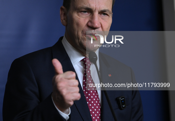 WARSAW, POLAND - NOVEMBER 19:   
Radoslaw Sikorski, Poland's Minister of Foreign Affairs, addresses a press briefing to present conclusions...