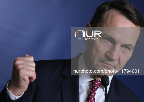 WARSAW, POLAND - NOVEMBER 19:   
Radoslaw Sikorski, Poland's Minister of Foreign Affairs, addresses a press briefing to present conclusions...