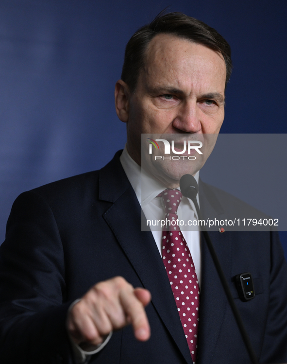 WARSAW, POLAND - NOVEMBER 19:   
Radoslaw Sikorski, Poland's Minister of Foreign Affairs, addresses a press briefing to present conclusions...