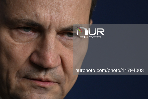 WARSAW, POLAND - NOVEMBER 19:   
Radoslaw Sikorski, Poland's Minister of Foreign Affairs, addresses a press briefing to present conclusions...