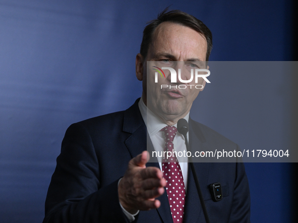 WARSAW, POLAND - NOVEMBER 19:   
Radoslaw Sikorski, Poland's Minister of Foreign Affairs, addresses a press briefing to present conclusions...