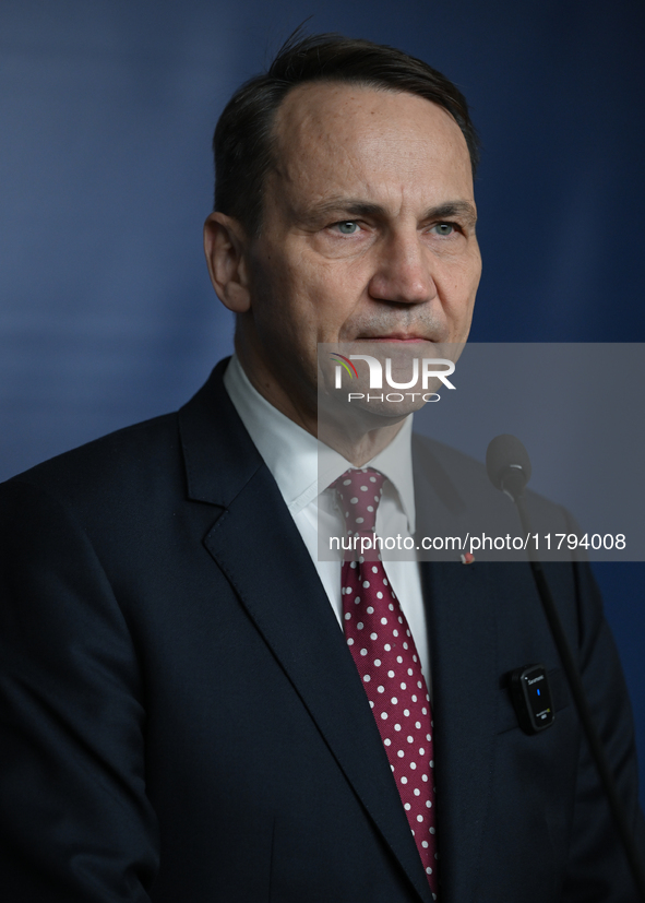 WARSAW, POLAND - NOVEMBER 19:   
Radoslaw Sikorski, Poland's Minister of Foreign Affairs, addresses a press briefing to present conclusions...