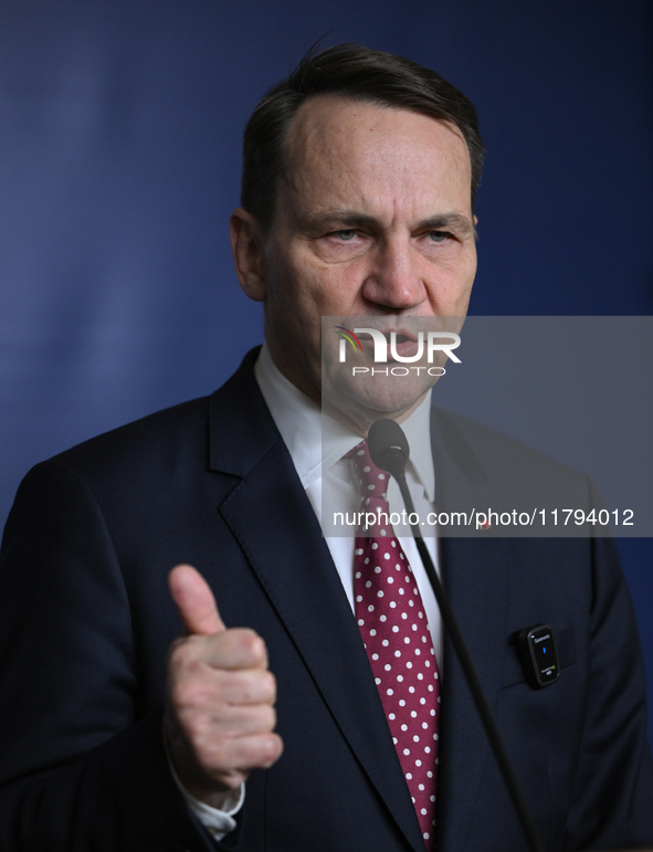 WARSAW, POLAND - NOVEMBER 19:   
Radoslaw Sikorski, Poland's Minister of Foreign Affairs, addresses a press briefing to present conclusions...