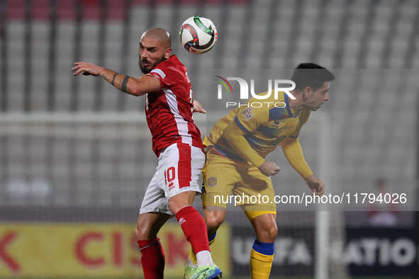 Teddy Teuma of Malta vies for the ball with Ricard Fernandez of Andorra during the UEFA Nations League, League D, Group D2 soccer match betw...