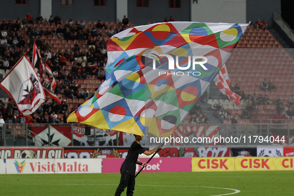 A flag bearer holds the UEFA National League flag before the UEFA Nations League, League D, Group D2 soccer match between Malta and Andorra...