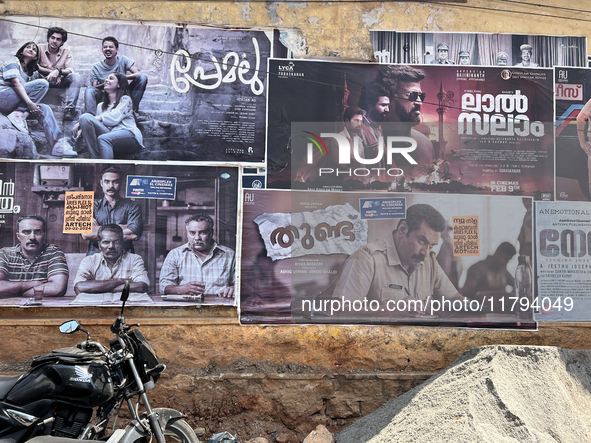 Malayalam film posters are in Thycaud, Thiruvananthapuram (Trivandrum), Kerala, India, on April 9, 2024. 