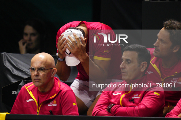 MALAGA, SPAIN - NOVEMBER 19: Rafa Nadal dejected after lossing the Quarter-Final tie between Netherlands and Spain during the Davis Cup Fina...