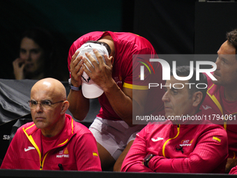 MALAGA, SPAIN - NOVEMBER 19: Rafa Nadal dejected after lossing the Quarter-Final tie between Netherlands and Spain during the Davis Cup Fina...