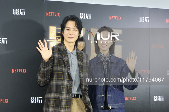 Actress Ying-Hsuan Hsieh and actor Xue Shiling pose at a promotional event in Taipei, Taiwan province, China, on November 19, 2024. 