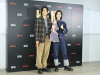 Actress Ying-Hsuan Hsieh and actor Xue Shiling pose at a promotional event in Taipei, Taiwan province, China, on November 19, 2024. (