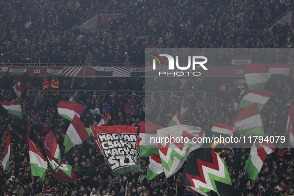 Hungarian fans and tricolor flags appear before the UEFA Nations League Group match at Puskas Arena in Budapest, Hungary, on November 19, 20...