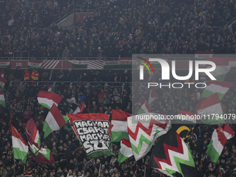 Hungarian fans and tricolor flags appear before the UEFA Nations League Group match at Puskas Arena in Budapest, Hungary, on November 19, 20...