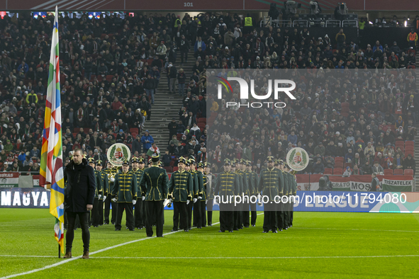 The Treasurer band performs during the National Anthem before the UEFA Nations League Group match at Puskas Arena in Budapest, Hungary, on N...