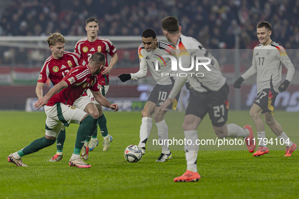 Jamal Musiala of Germany participates in the UEFA Nations League Group match at Puskas Arena in Budapest, Hungary, on November 19, 2024. 