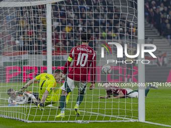 Goalkeeper of Hungary, Denes Dibusz, saves during the UEFA Nations League Group match at Puskas Arena in Budapest, Hungary, on November 19,...