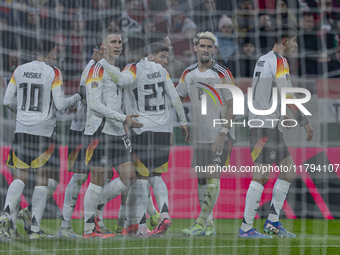 Team Germany celebrates their goal during the UEFA Nations League Group match at Puskas Arena in Budapest, Hungary, on November 19, 2024. (