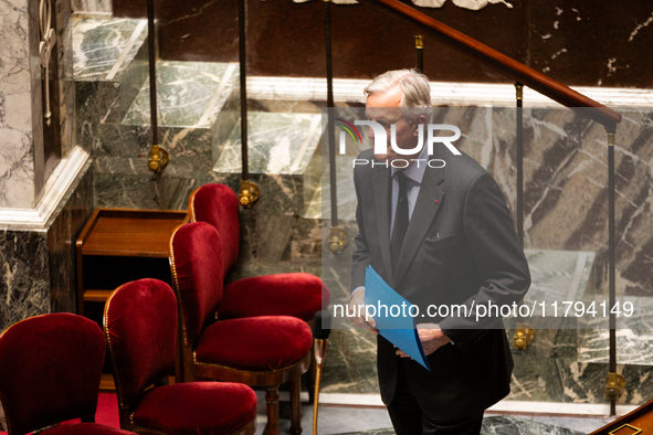 French Prime Minister Michel Barnier is seen during the questions to the government session at the National Assembly in Paris, France, on No...