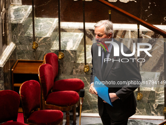 French Prime Minister Michel Barnier is seen during the questions to the government session at the National Assembly in Paris, France, on No...