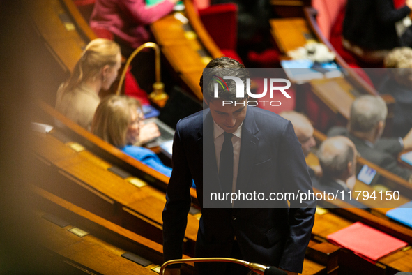 Gabriel Attal, former Prime Minister, deputy, and president of the Ensemble pour la Republique group (EPR), is seen during the questions to...