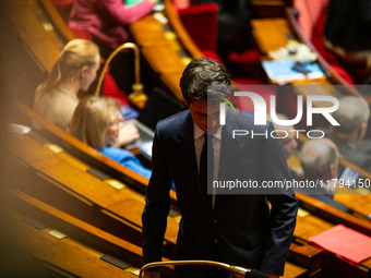 Gabriel Attal, former Prime Minister, deputy, and president of the Ensemble pour la Republique group (EPR), is seen during the questions to...